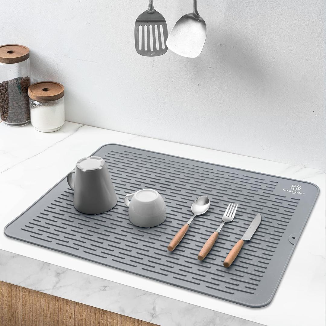 Silicone Dish Drying Mat for Kitchen Counter, Extra Large, 23 x 18 Heat Resistant, Non-Slip Design, Quick Dry, Easy Clean, Raised Edge Holds Water, BPA Free, Food Grade Silicone- Gray