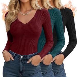 3 Pack Women's Ribbed Long Sleeve V Neck Tops Thermal Undershirt Fall Winter Stretch Slim Fitted Basic Tee Shirts (X-Large, Black, Dark Teal, Burgundy)