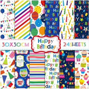 24 Sheets Happy Birthday Scrapbook Paper Pad,160gsm Textured Double-Sided Pattern Planner Junk Journal Craft Paper,Card Making Supplies,3030cm