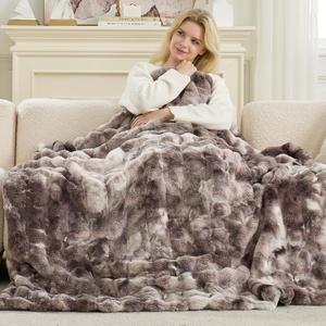Cozy Bliss Deluxe Striped Rabbit Faux Fur Throw Blanket, Soft Fluffy Warm Plush Blanket for Winter, Modern Homr Decor, Tie-dye Grey 60"x80"