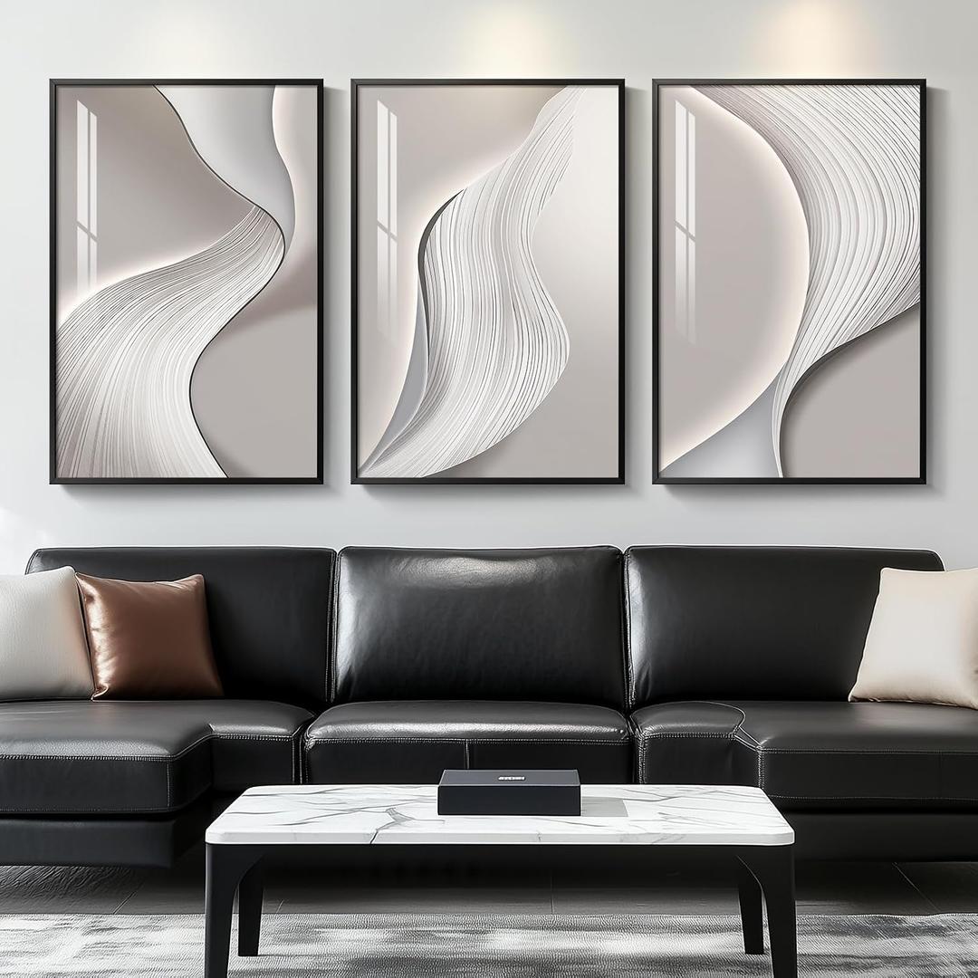 Large Framed Modern Abstract Wall Art, 3 Piece Minimalist Bright Style Prints Paintings Artwork for Walls, Silver Gray Contemporary Luxury Pictures for Living Room Hallway Office Wall Decor Total 30x60 In