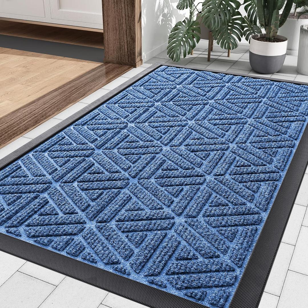 Smiry Front Door Mat Outside Entrance, Heavy Duty Sturdy Natural Rubber Doormat, Trap Dirt and Moisture, Easy Clean Low Profile Mats for Indoor Outdoor Entry, Grid Geometric (29.5x17, Blue)