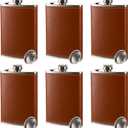 Suwimut 6 Pack Hip Flask for Liquor for Men Women, 8 oz Leak Proof Stainless Steel Pocket Hip Flask with Brown Leather Cover and Funnel for Drinking of Alcohol, Whiskey, Rum and Vodka