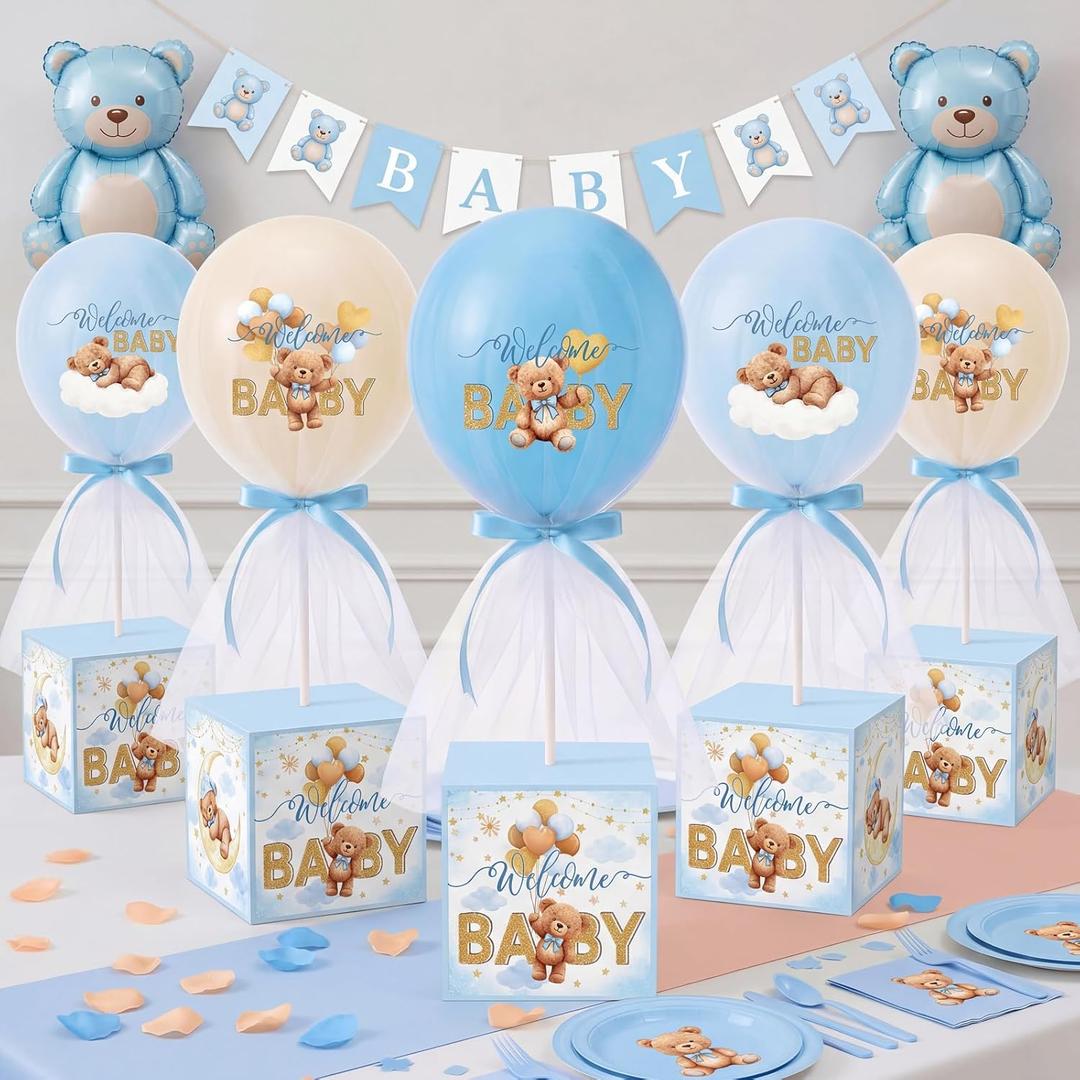 6 Set Baby Bear Tulle Tutu Balloon with Letter Boxes Baby Shower Table Centerpieces Decor for Gender Reveal Blue White Balloons Tulle Cover with Stand for Babies Shower Birthday Party