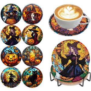 croshom 8 Pieces Halloween Diamond Art Coasters Kit, Halloween Diamond Painting Coasters, Diamonds Art Painting Kits,5D DIY Full Drill Diamonds Arts Kits for Adults Gift & Home Decor