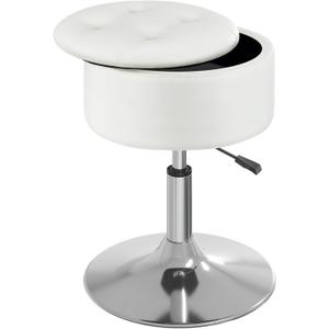 GREENSTELL Vanity Stool with Storage, 19" to 23" Height Adjustable PU Leather Vanity Chair, 360 Swivel Makeup Stool with Removeable Tray, Modern Ottoman for Bedroom Bathroom, White