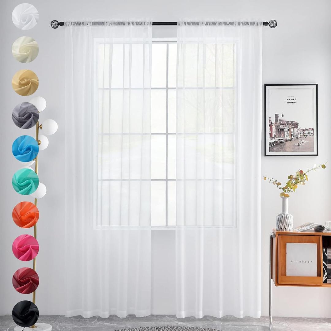youleyar Solid Sheer Rod Pocket Curtain Voile Draperies 2 Panels White Beige Black Grey Coffee 52 Inch Width 96 Inch Long 1 Pair for Kitchen Bedroom Children Living Room Yard, (52"W x 96"L (Pack of 2))