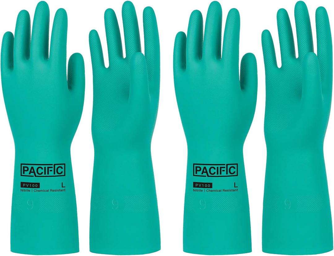 PACIFIC PPE 2 Pairs Nitrile Chemical Resistant Gloves, Flocked, Resist Strong Acid, Alkali, 15 mil, 12.6", X-Large (X-Large (Pack of 2), Green/12.6")