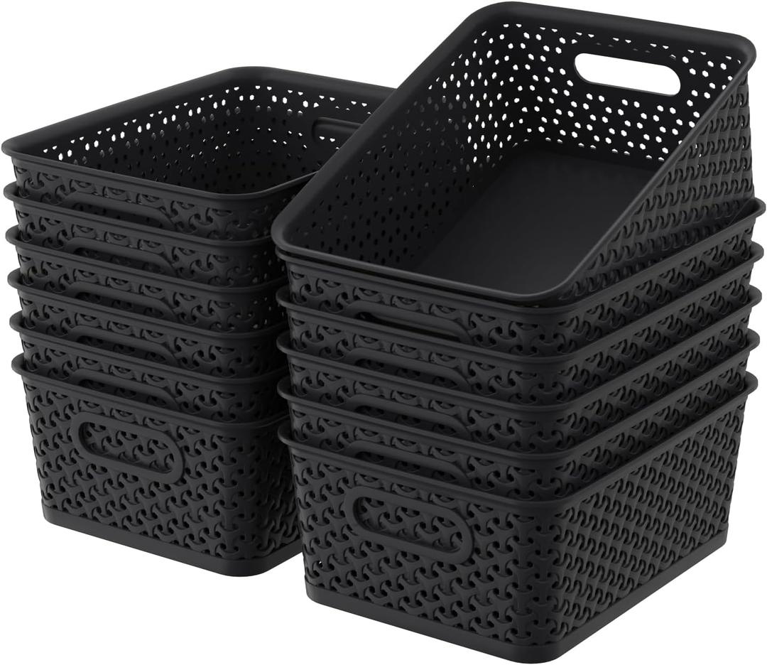 4 Packs Plastic Baskets with Handle, Woven Storage Organizer Bins for Home, Bathroom, Classrooms, Office, School, Black
