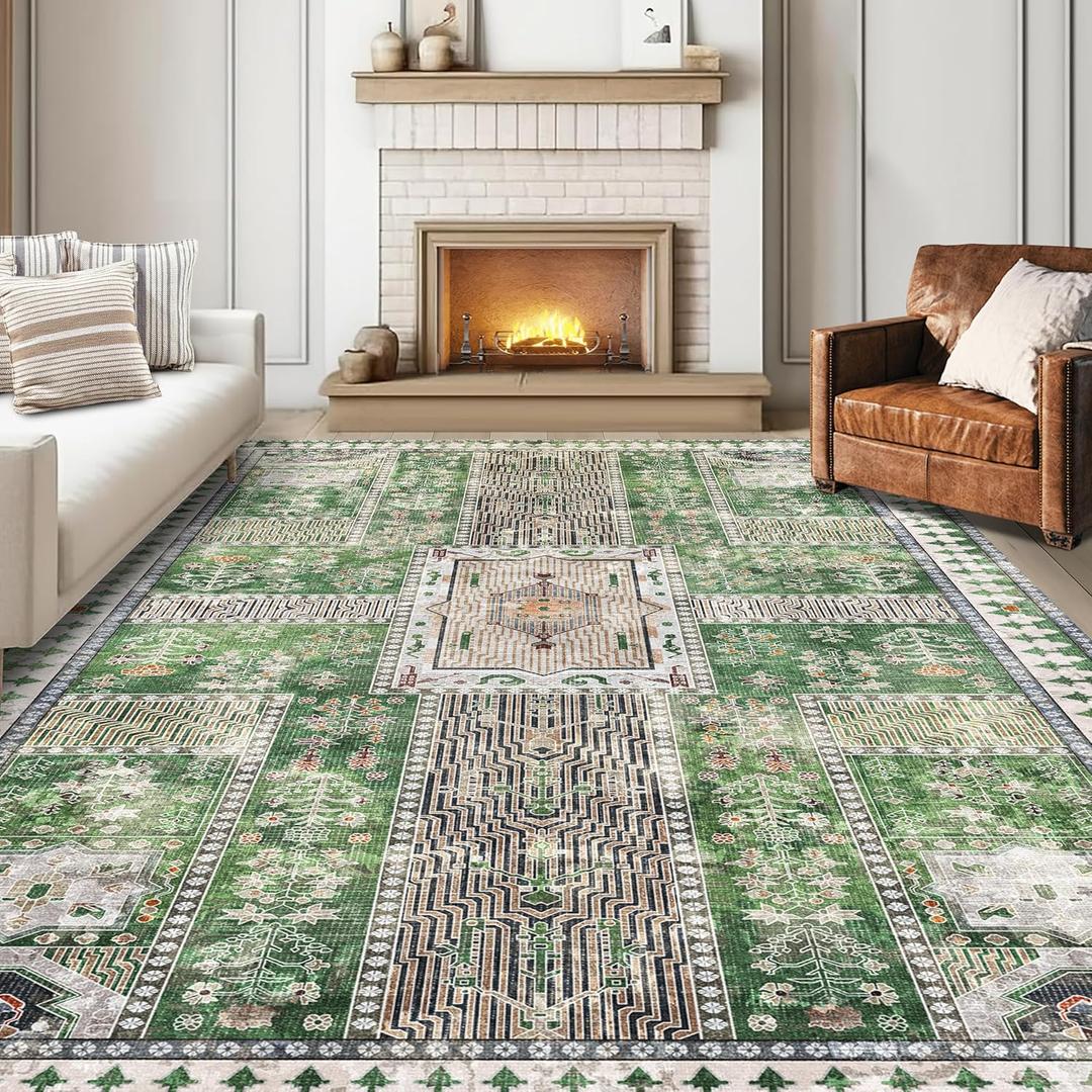 Vintage 6' x 9' Washable Area Rug - Stylish Indoor Rug for Living, Dining or Bedroom - Lightweight Carpet with Non-Slip Backing - Foldable for Easy Placement and Maintenance - Green (6' x 9' (Rectangular), Vintage-green)