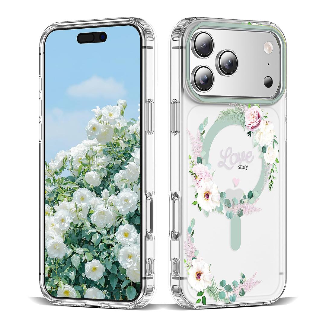 XIQI Compatible with iPhone 17 Pro Max Case 6.9" for Women Girls Cute Translucent Magnetic Phone Case with Floral Pattern [Never Fade Flower Design][Compatible with Mag-Safe],Rose/Camellia