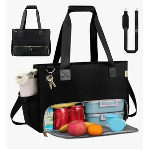 2-in-1 Laptop Tote Bag for Women with Big Insulated Lunch Compartment, Soft Nylon Work Tote Bag with 15.6 Inch Laptop Compartment& Cup Holder for Teacher Nurse Business Travel Daily (Black)
