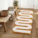Geometric Design Boho Runner Bathroom Rugs, Long Scalloped Cute Bath Mat Non Slip for Bedroom Kitchen Hallway Laundry Room, Funky Retro Farmhouse Bath Rug Washable, Mustard Yellow, 51"x20"