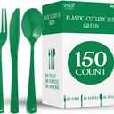 150 Pack Plastic Silverware Heavy Duty, Green Disposable Cutlery, 50 Spoons, 50 Forks, 50 Knives, Plastic Utensils Set for Home Office School Party Picnics Weddings & More - SparkSettings