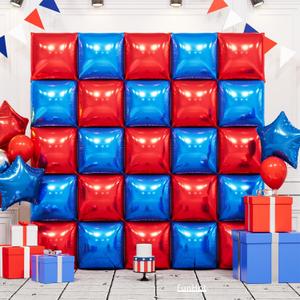 Metallic Red Blue and Silver Square Foil Balloon Wall,19 Inches Double Sided Chrome Square Balloons Tunnel Arch Kit for Birthday Independence Day Graduation Party Decorations