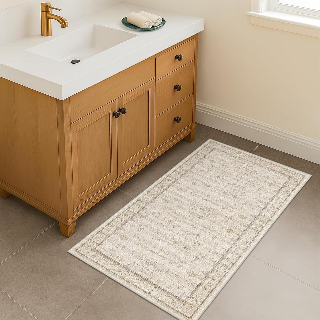 Cream 2x5 Runner Rugs for Bathroom Floor, Geometric Floral Throw Rugs Washable for Entryway, Kitchen, Bedroom, Laundry Room Beige Farmhouse Modern Neutral Home Dcor, Low Pile Soft Non Slip Carpet (Light Sand Beige)