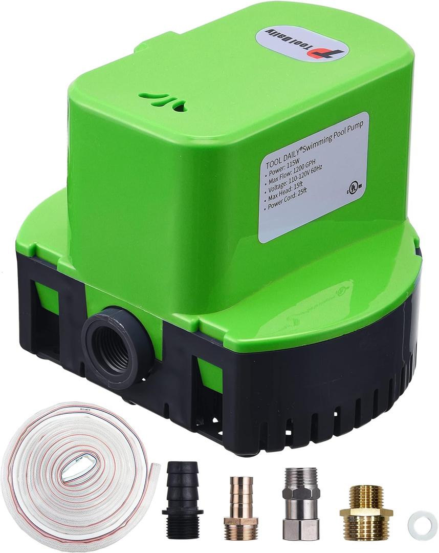 Automatic Pool Cover Pump, Submersible Pool Cover Pump 1200 GPH, Sump Pump with 4 Adapters 16ft Drainage Hose