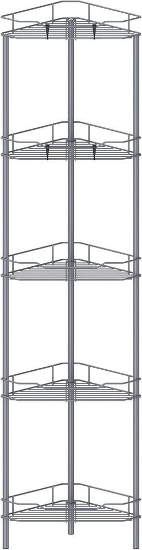 HuggieGems 5 Tier Floor Standing Corner Shower Caddy Organizer Shelf with Hooks, Bathroom Shelves Stand Rack, Dark Gray