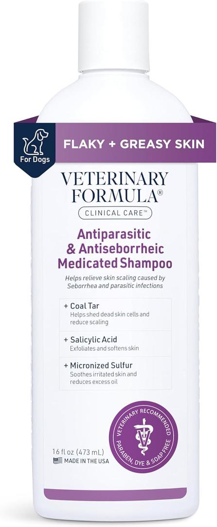 3 x Veterinary Formula Clinical Care Antiparasitic & Antiseborrheic Medicated Dog Shampoo, 16 oz  Paraben, Dye, Soap Free  Hydrating and Antifungal Shampoo for Dogs, White