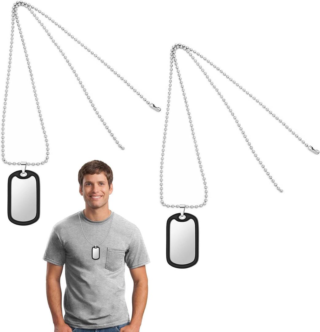 Military Dog Tag Necklaces with Ball Chain, 2-Pack Stainless Steel ID Tags, 23.6 inch Chain Length, Silver