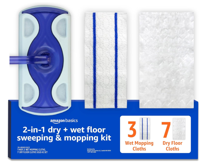 Basics Wet & Dry Sweeper Kit, 1 Sweeper Handle, 7 Heavy Duty Dry Floor Cloths, 3 Wet Floor Cloths, Pack of 1