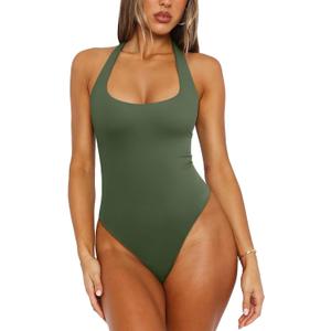 REORIA Women's Sexy Deep Scoop Neck Halter Bodysuit Double Lined Sleeveless Backless Top Vacation Outfits, Medium