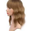 Short Brown Wavy Wig with Bangs for women Light Brown Curly wig Shouder Length Bob Curly Wavy Wig Ombre Brown Wig with Dark Roots Synthetic Natural Wavy Heat Resistant Fiber Hair for Daily Use 14 Inch