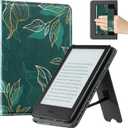 CoBak Case with Stand for 6" Kindle (2024 & 2022, 11th Gen)  PU Leather Smart Cover with Auto Sleep/Wake & Hand Strap, Premium Protective Case for Kindle Basic,Green Pattern