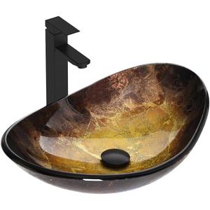 Bathroom Boat Shape Artistic Glass Vessel Sink Free Black Faucet and Pop-up Drain Set, Gold, 13.4x21 inches