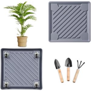 Square Plant Caddy with Hidden Wheels 12 Inch Heavy Duty Rolling Plant Stands Indoor Outdoor Plant Saucer Tray Dolly with $9.9 Garden Tools (Gray)