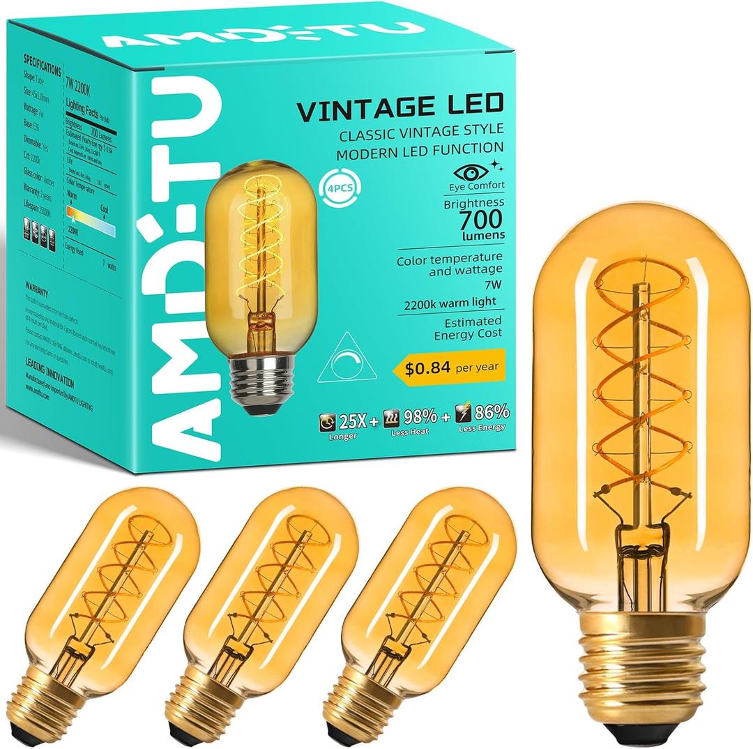 AMDTU Edison Bulbs 60W Equivalent Dimmable, Spiral Ultra-Thin Filament E26 LED Bulbs 7W, 700 Lumen, Warm Yellow 2200K, T45 Amber Glass Tubular Light Bulbs for Lamps, 4 Pack