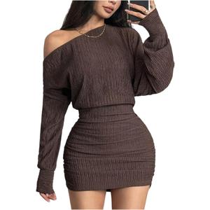 Milumia Women's Off Shoulder Fall Dress Asymmetrical Long Sleeve Ruched Bodycon Pencil Mini Dresses Chocolate Brown Petite M
