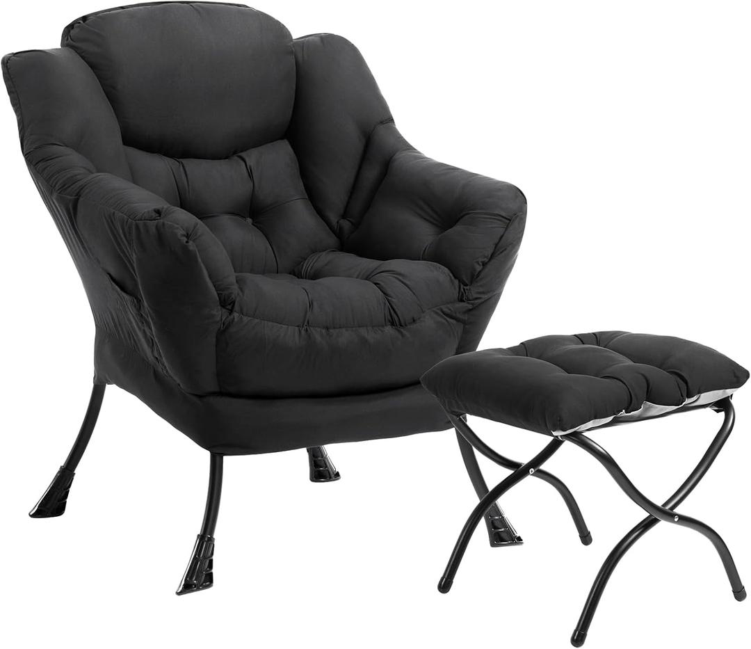 HollyHOME Lazy Chair with Foldable Ottoman, Accent Comfy Lounge Armchair and Folding Footrest Stool, Leisure Sofa Reading Chair and Footstool for Living Room, Bedroom, Dorm,Peachskin Fabric Black