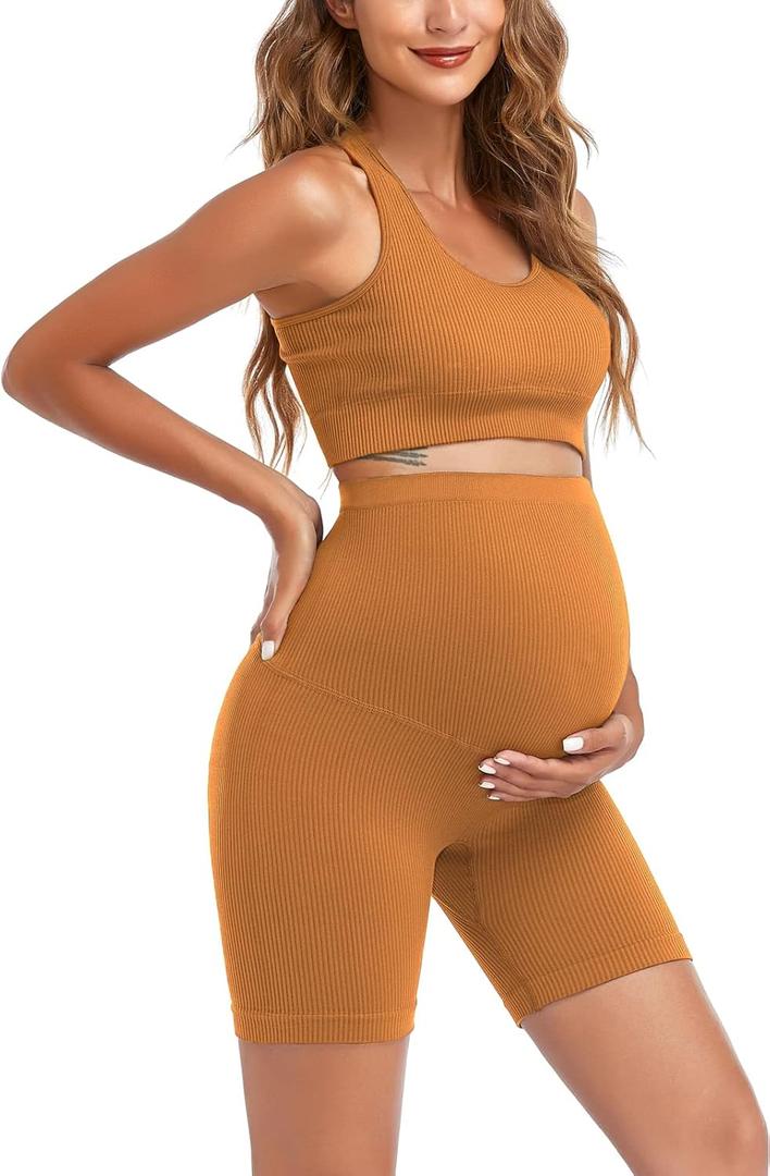 Women's Maternity 2 Piece Outfit Set - Bra & Shorts for Pregnancy - Yoga workout Lounge Wear Sets (X-Large, Yellow)