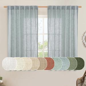 LAMIT Semi Sheer Linen Curtains 54 Inch Length 2 Panels, Greyish Blue Light Filtering Panels Back Tab and Rod Pocket Neutral Drapes for Kitchen/Window/Dining Room, 52 x 54 Inch