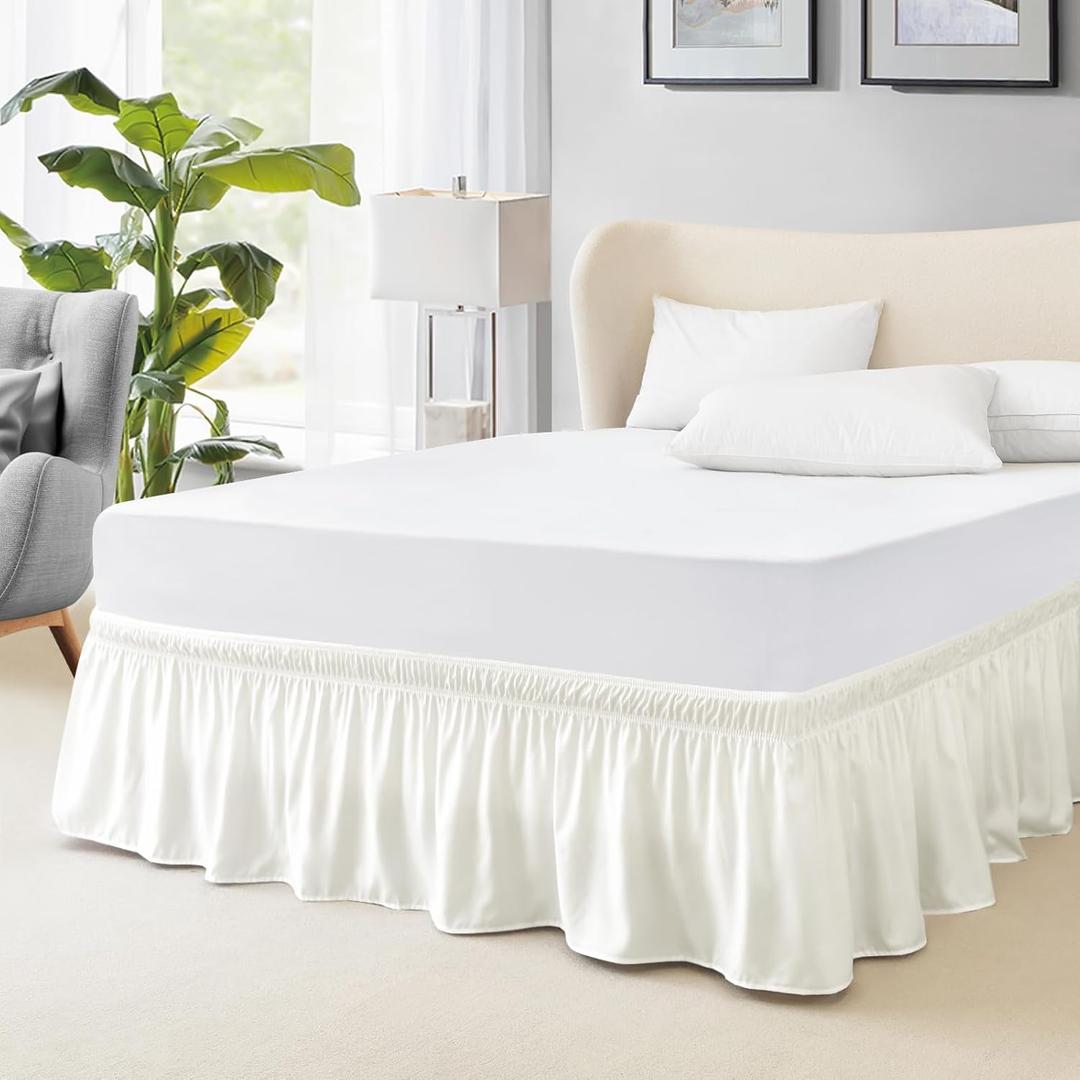 FreshCulture Elastic Wrap Around Bed Skirt - Easy Fit with 18-Inch Tailored Drop, Hotel Quality Dust Ruffle for Full Size Bed (Cream)
