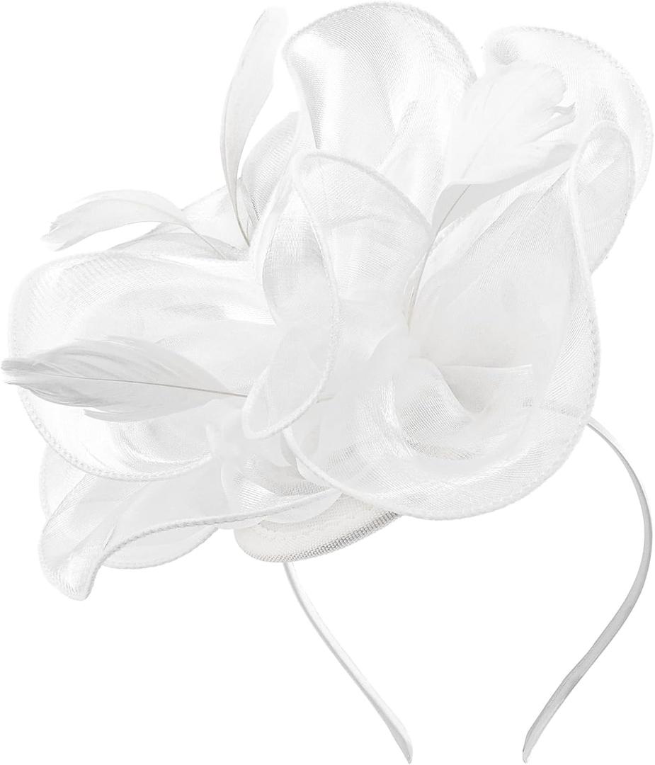 DRESHOW Fascinators Hat Tea Party Headwear Ribbons Feathers on a Headband and a Clip for Women (White)