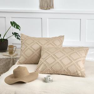 Queen Pillow Shams 2 Pack, Queen Size Pillowcases, Soft Microfiber Geometric Boho Pillow Covers with Envelope Closure, Camel, 20x30 Inches (No Insert)