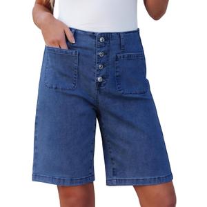 luvamia Bermuda Shorts for Women Jean High Waisted Trendy Patch Pockets Casual Summer Button Fly Stretchy Denim Shorts (Medium, Classic Blue)