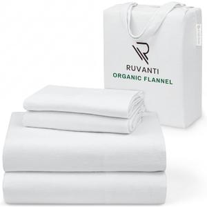 RUVANTI Flannel Sheets Queen Size - GOTS Certified 100% Organic Cotton, 4 Piece Warm, Soft & Breathable Set, Deep Pocket Snug Fit, Double Brushed Cozy All Season Bedding, Pure White