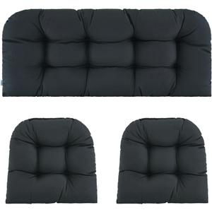 Wicker Chair Cushions of 3 Pieces Waterproof Tufted Outdoor Seat Cushions for Patio Furniture Sofa Settee Couch,1 Loveseat and 2 U-Shaped Cushions,Black