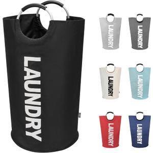 DOKEHOM 90L Large Laundry Basket, Collapsible Laundry Bag, Freestanding Tall Clothes Hamper, Foldable Washing Bin (Black)