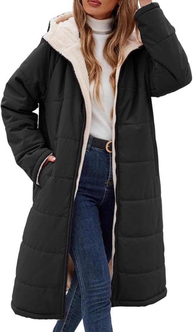 Yusongirl Womens Winter Long Coats Trendy Puffer Jacket Sherpa Fleece Lined Down Coat Long Sleeve Parka Oversized with Hood (Large, Black)