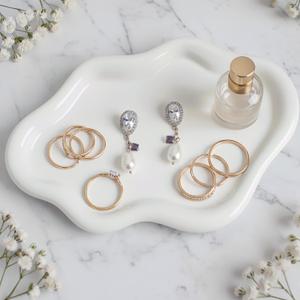 Cloud Ceramic Tray, Glossy White Irregular Jewelry Dish, Luxury Ceramic Ring Holder and Vanity Organizer, Cloud Trinket Plate for Keys, Perfume, or Nightstand Decor