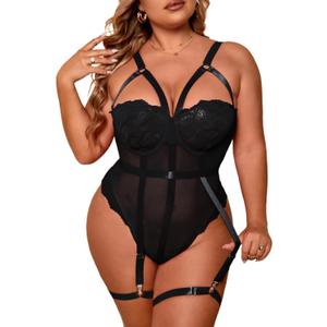 OYOANGLE Women's Plus Size Ring Linked Cut Out Sheer Mesh Teddy Bodysuit Garter Lingerie Set (XX-Large Plus, Black)