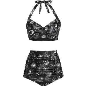 Holipick Women High Waisted Bikini Set Two Piece Swimsuit Tummy Control Bathing Suit Vintage Halter Swimwear (18 Plus, Black Sun Moon)