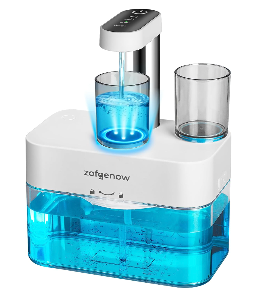 ZOFGENOW Upgraded Automatic Mouthwash Dispenser for Bathroom,Bathroom Accessories 17.6 FlOz Dispensers with Magnetic Cups,Adjustable Dispensing Levels, Suitable for All Age Groups,White