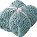 Chunky Knit Blanket Throw - 100% Hand Knitted Chunky Soft Throw Blanket for Couch, Thick and Warm Blanket for Winter, Blue, 40x50 Inches
