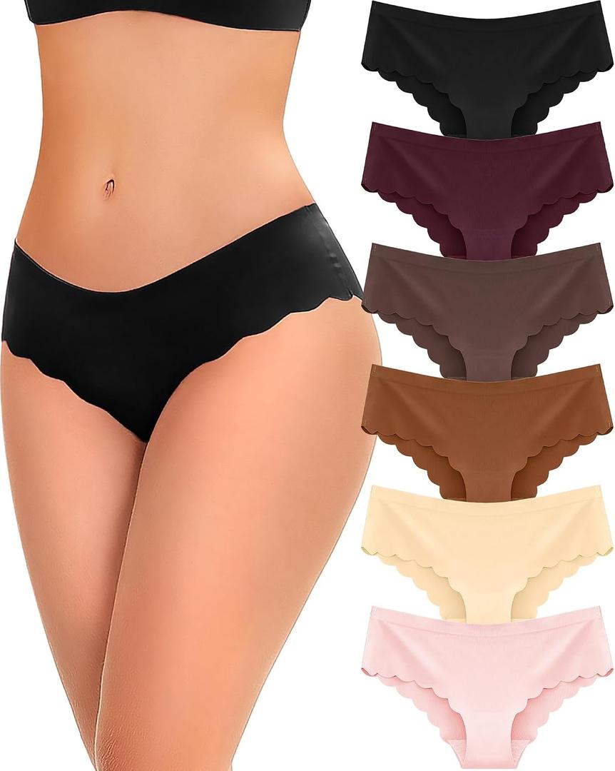 FINETOO 6 pack Seamless Underwear for Women Sexy Low Rise Hipster Wave Edge No Show Bikini Panties Womens Cheeky Brown (M)