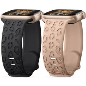 2Pack Leopard Engraved Bands Compatible with Apple Watch Band 41mm 40mm 38mm 49mm 46mm 45mm 44mm 42mm Women, Silicone Cheetah Sport Strap for iWatch Series SE 10 9 8 7 6 5 4 3 2 1,Ultra (Black,Walnut)